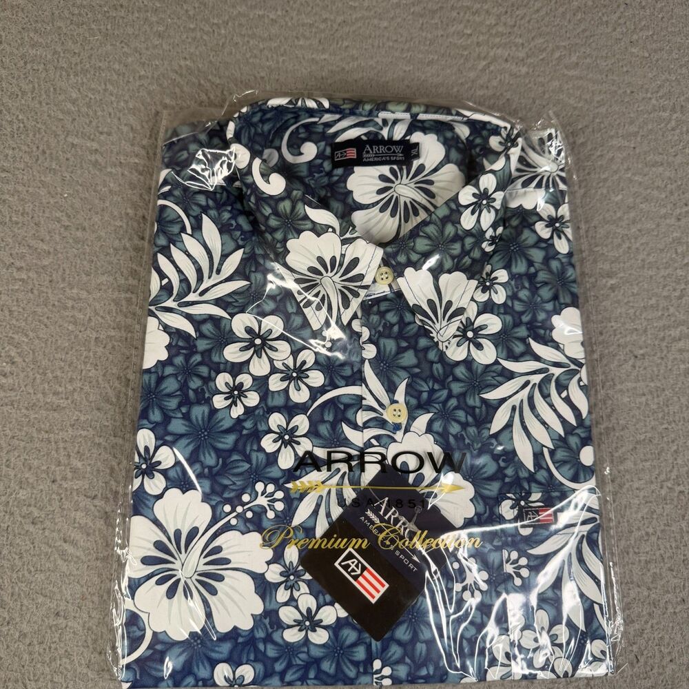 ARROW Shirt Mens XL Blue White Floral Short Sleeve Button NEW